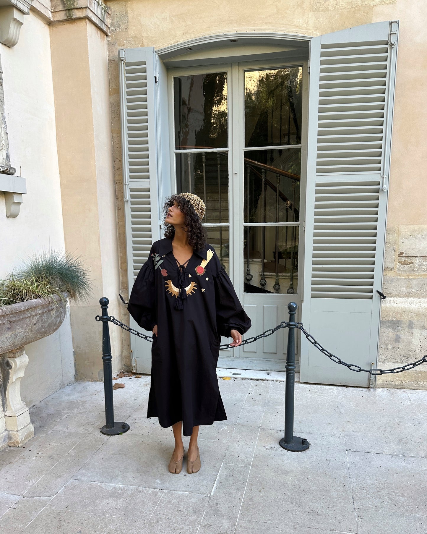 Mystic Appliquéd Cotton Maxi Dress in Black