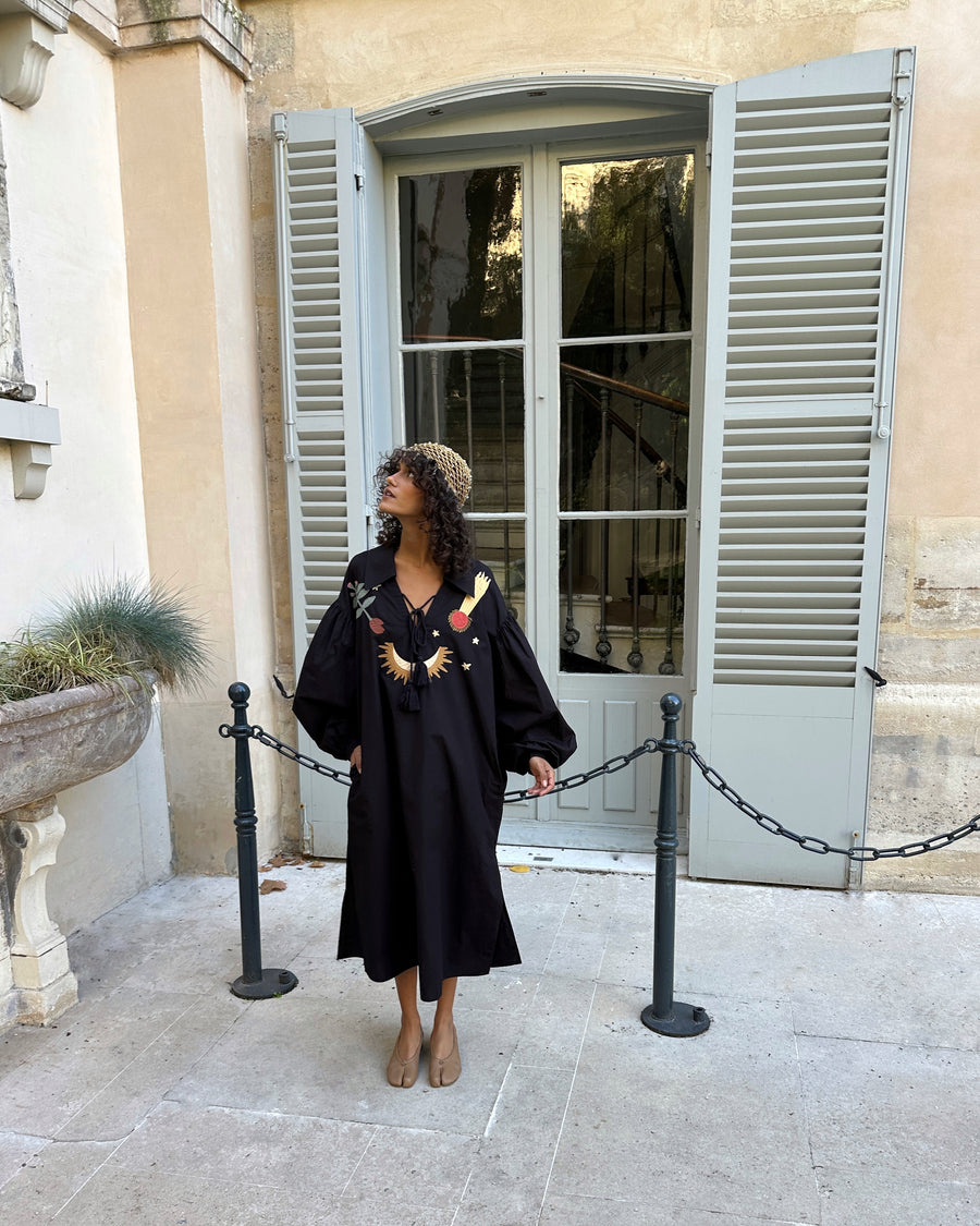 Mystic Appliquéd Cotton Maxi Dress in Black