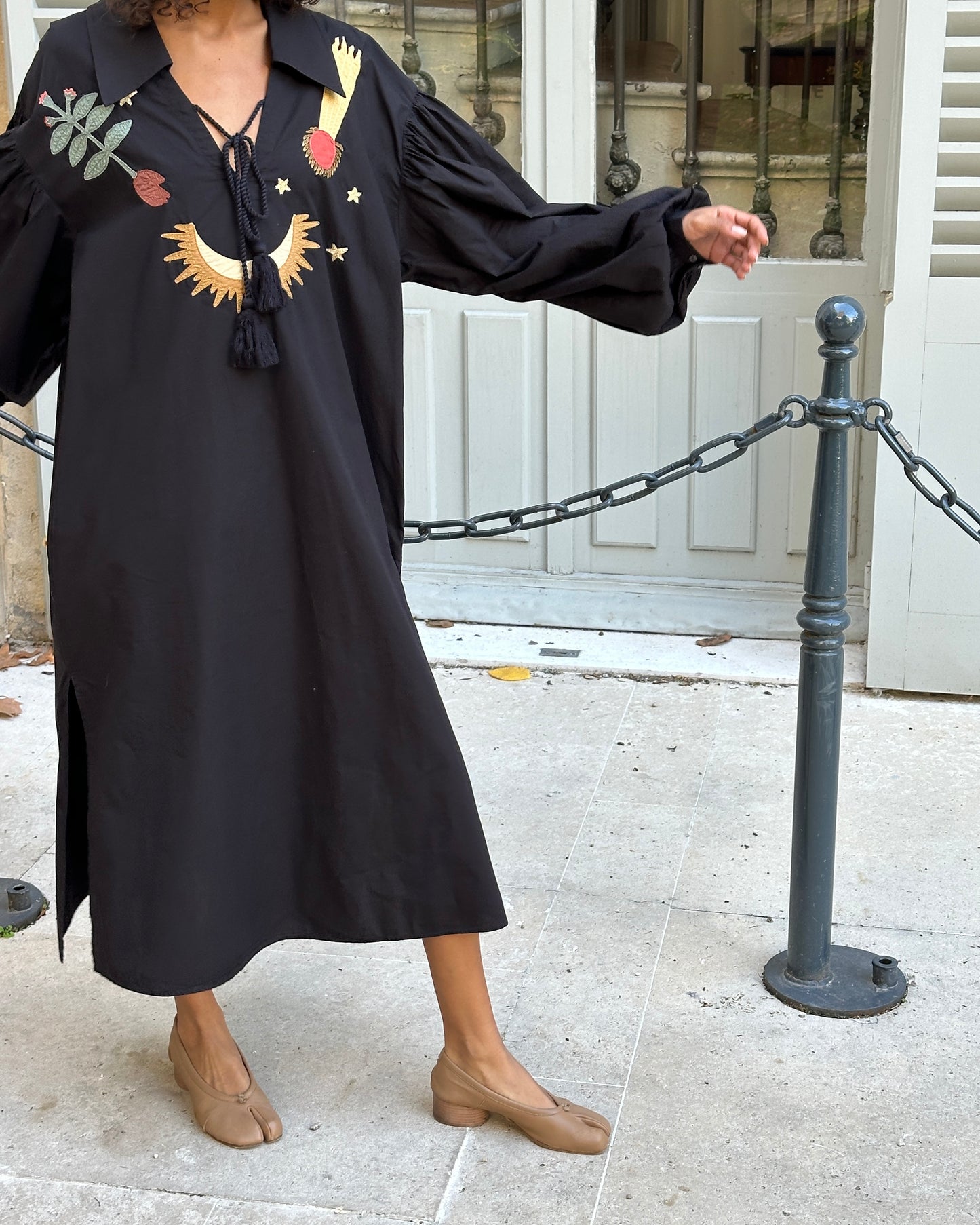 Mystic Appliquéd Cotton Maxi Dress in Black