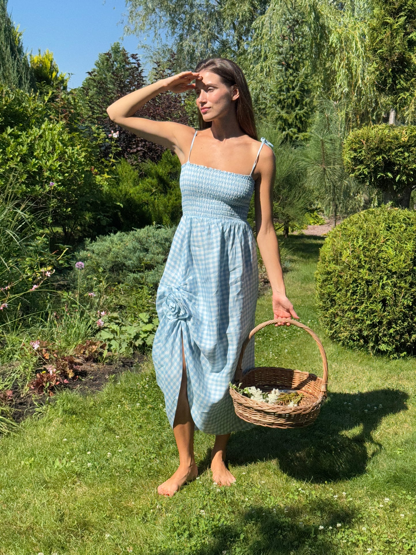 Atlanta Linen Strap Dress with Rose Detail in Blue Vichy