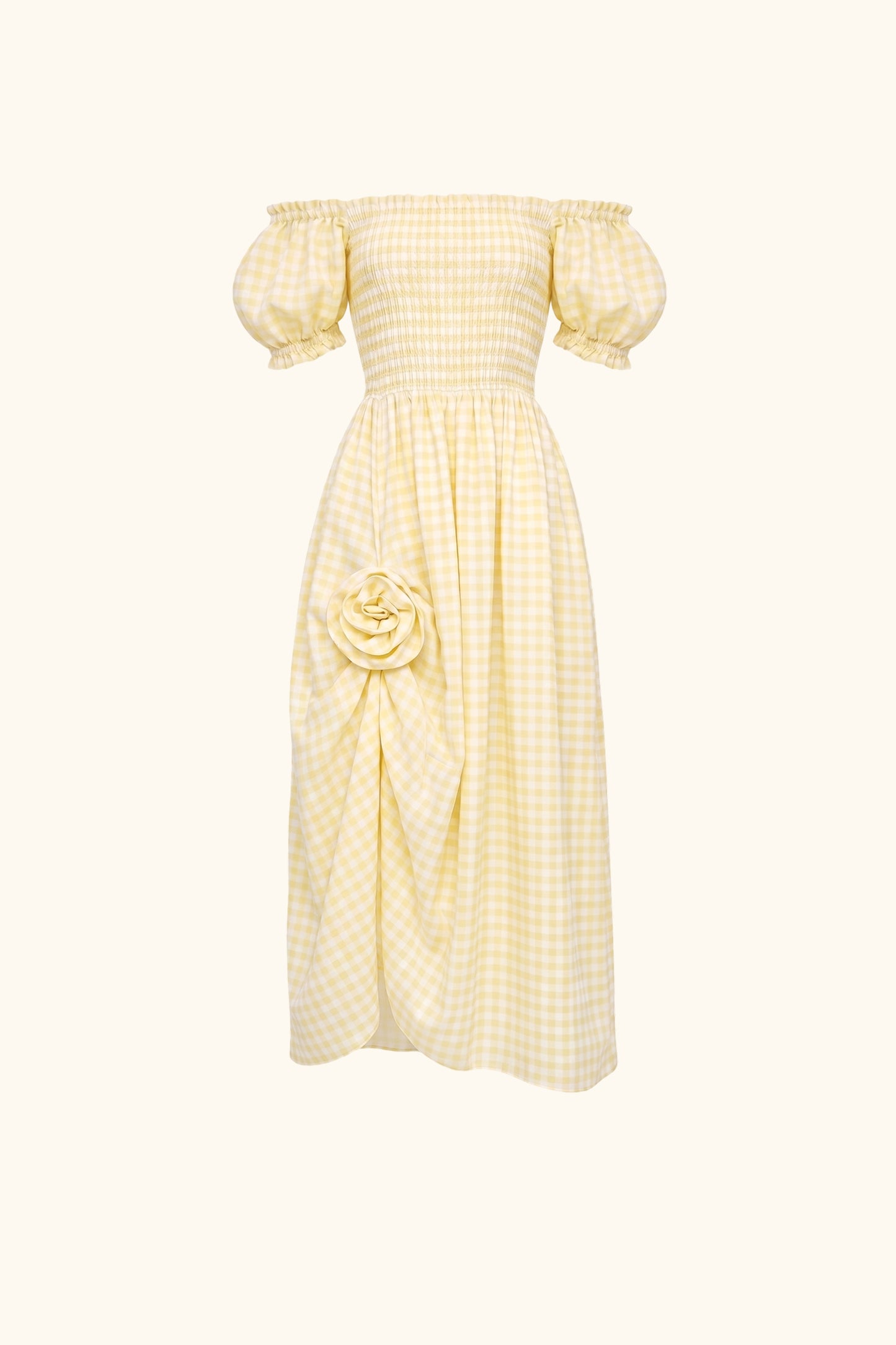 Belle Linen Dress with Rose in Yellow vichy