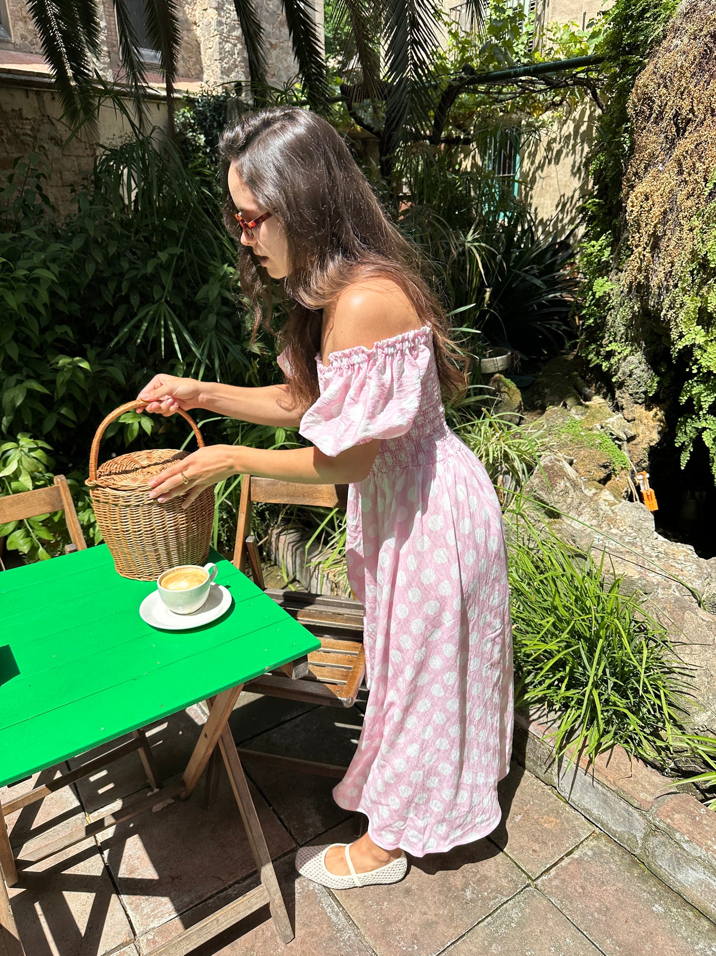 Belle Dress with Rose Detail in Pink Polka Dot