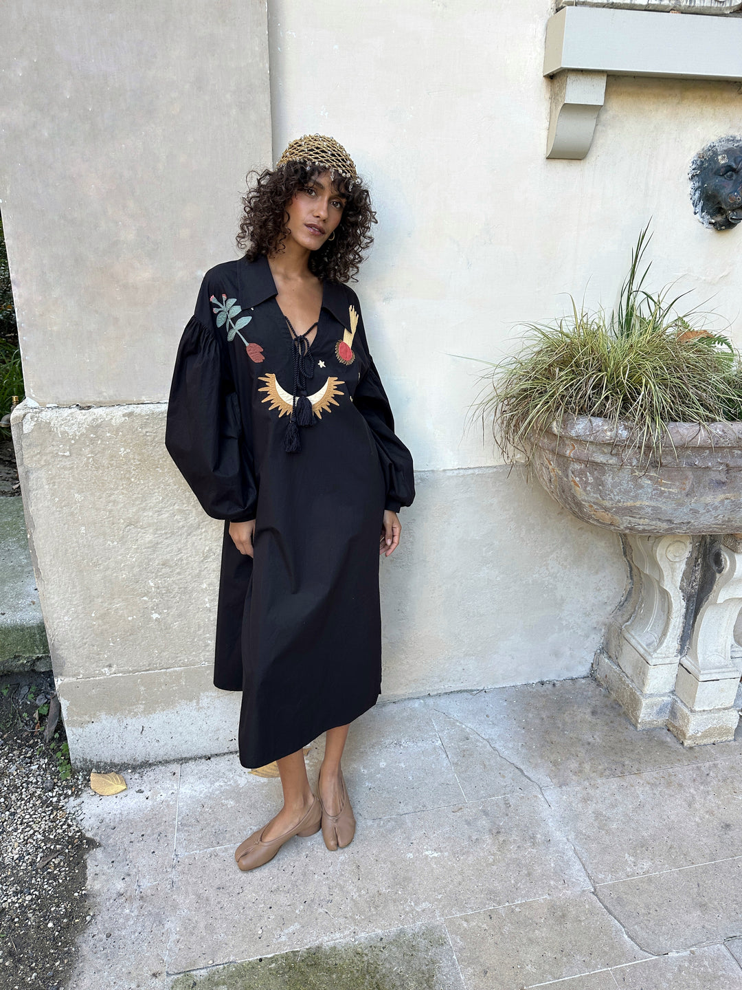Mystic Appliquéd Cotton Maxi Dress in Black