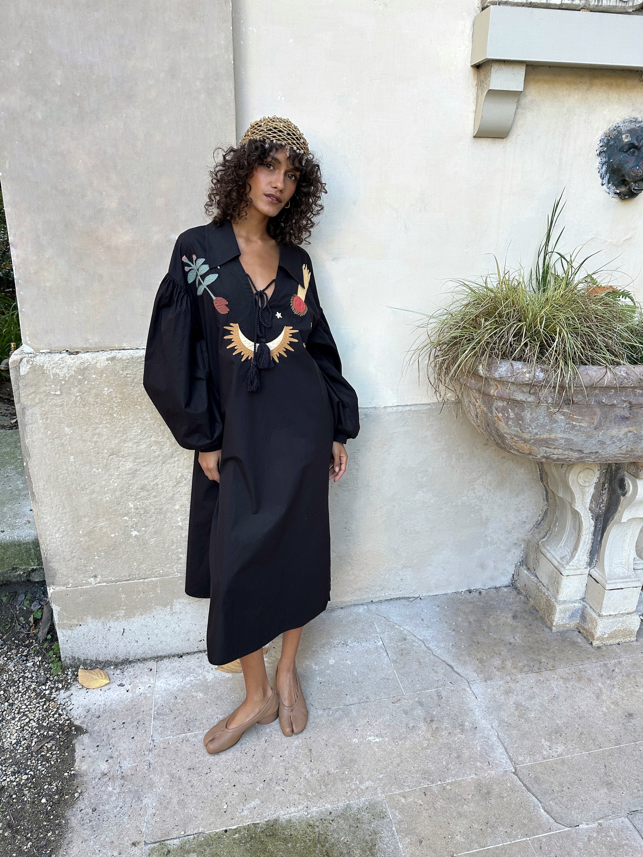 Mystic Appliquéd Cotton Maxi Dress in Black