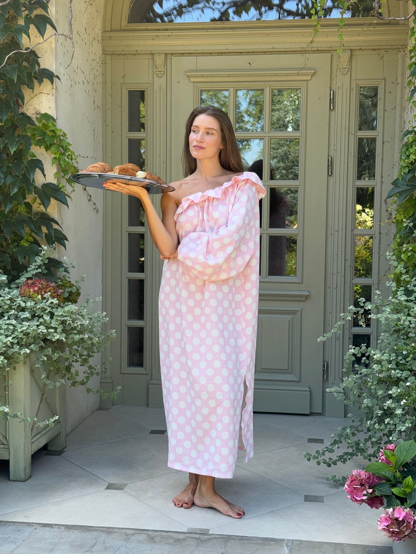 Gaia Soft Viscose Midi Dress in Pink Polka Dot