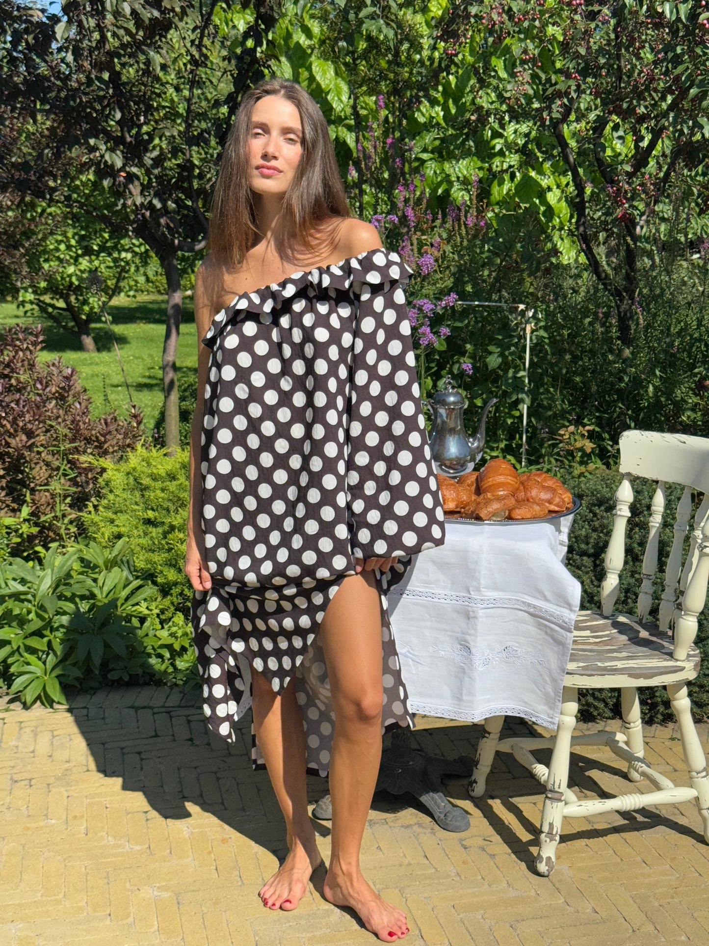 Gaia Soft Viscose Midi Dress in Black Polka Dot