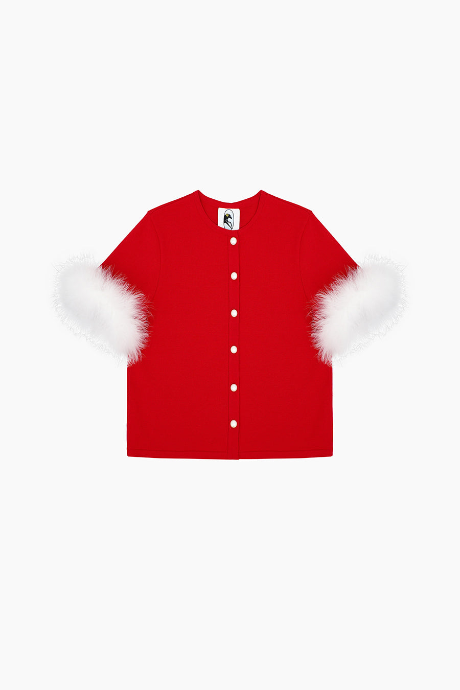 Miss Kitty Short Sleeve Cardigan with Detachable Feathers in Red