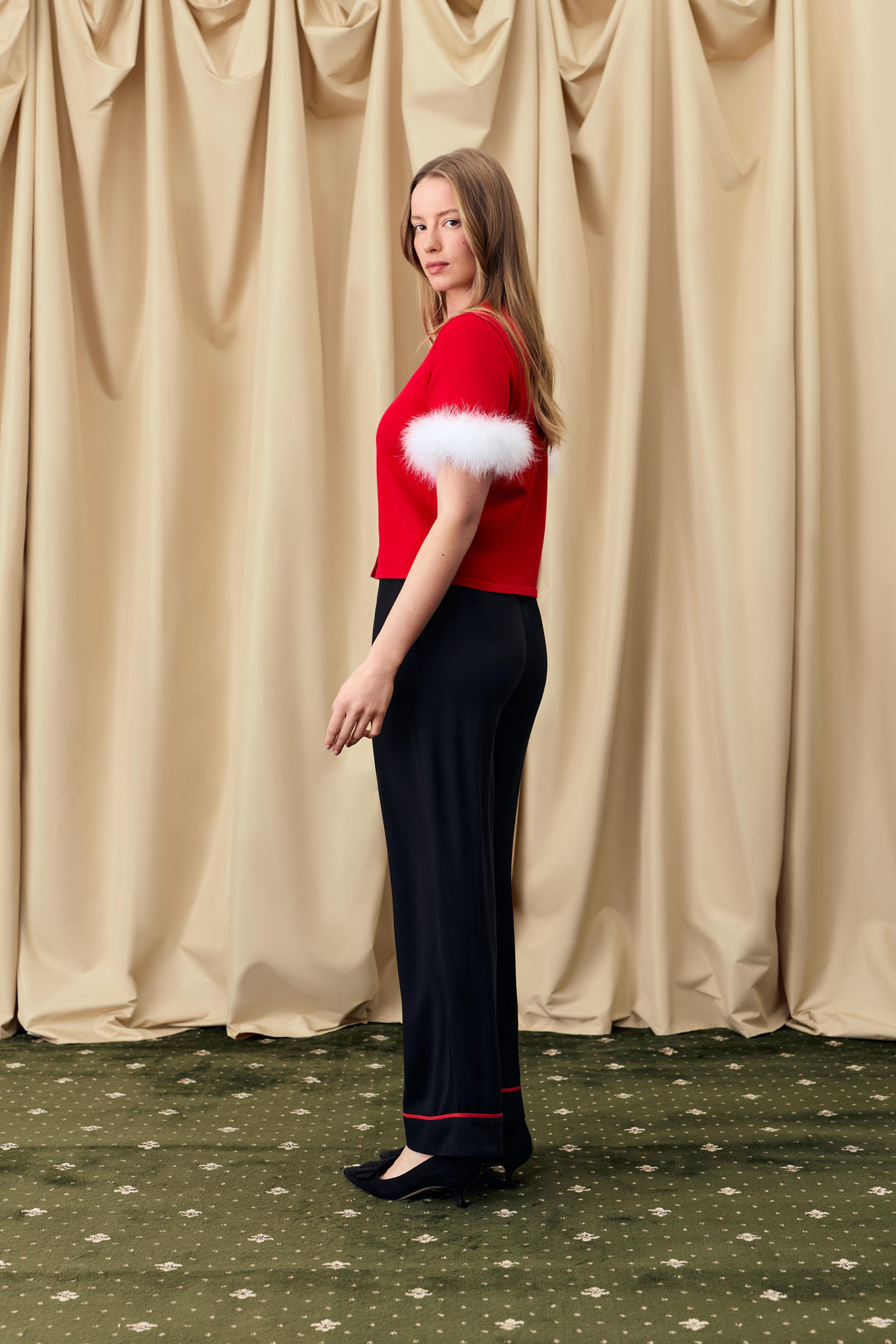 Miss Kitty Short Sleeve Cardigan with Detachable Feathers in Red