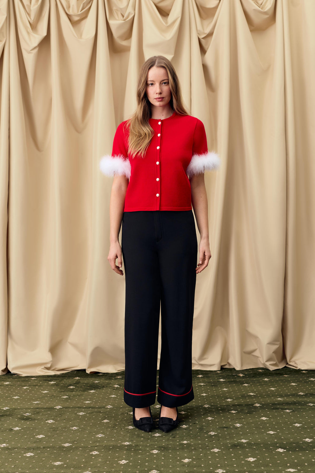 Miss Kitty Short Sleeve Cardigan with Detachable Feathers in Red