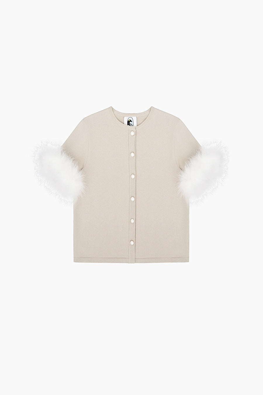 Miss Kitty Short Sleeve Cardigan with Detachable Feathers in Beige
