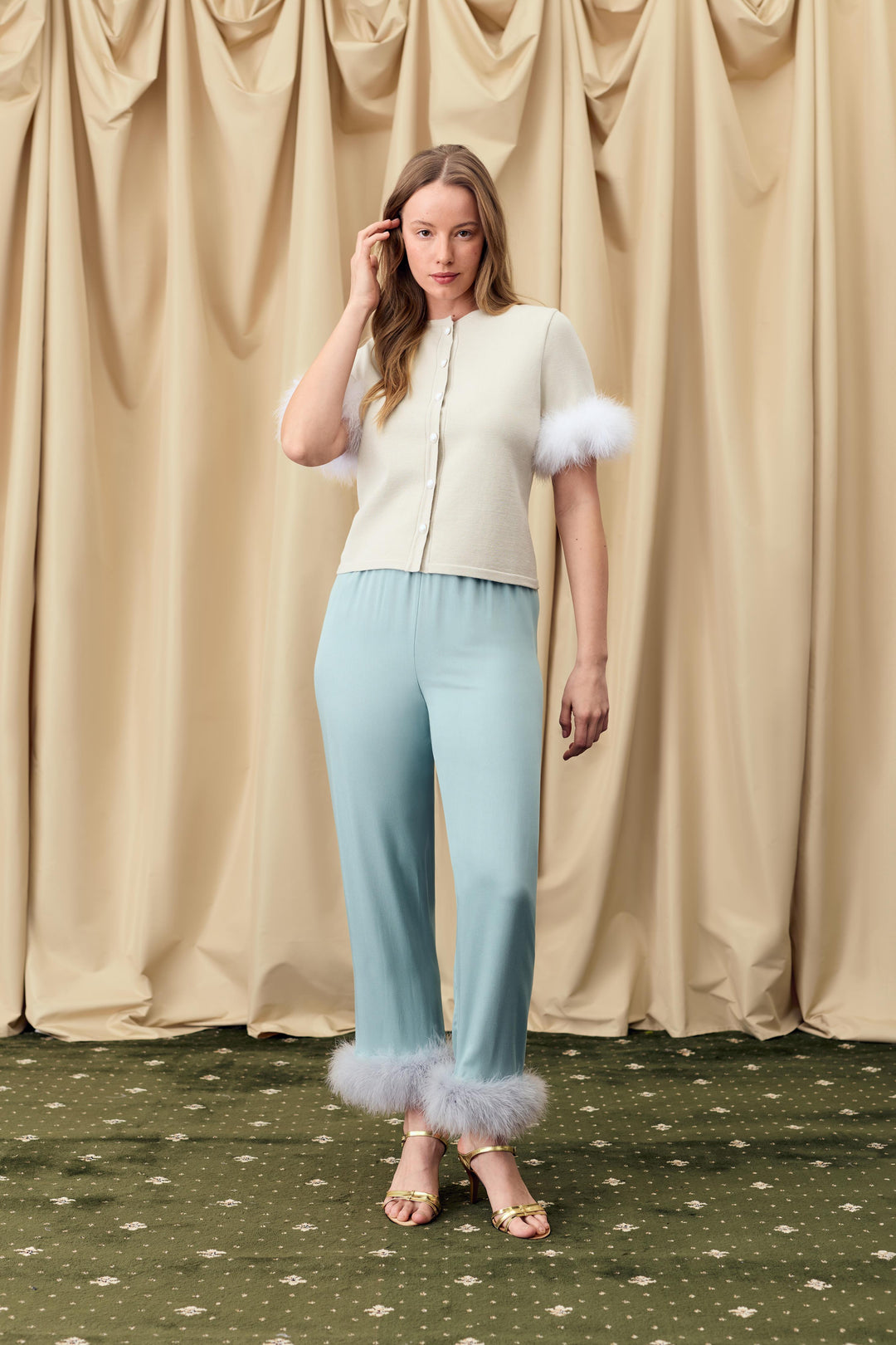 Miss Kitty Short Sleeve Cardigan with Detachable Feathers in Beige