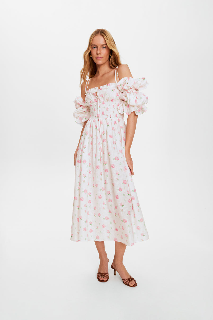 Arle Ruffled Linen Midi Dress in Roses