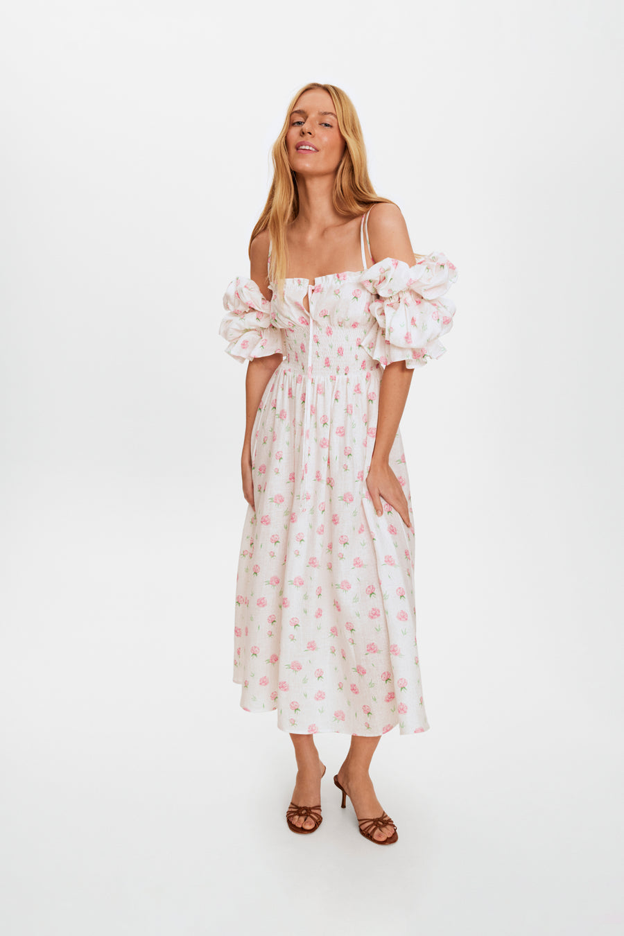 Arle Ruffled Linen Midi Dress in Roses