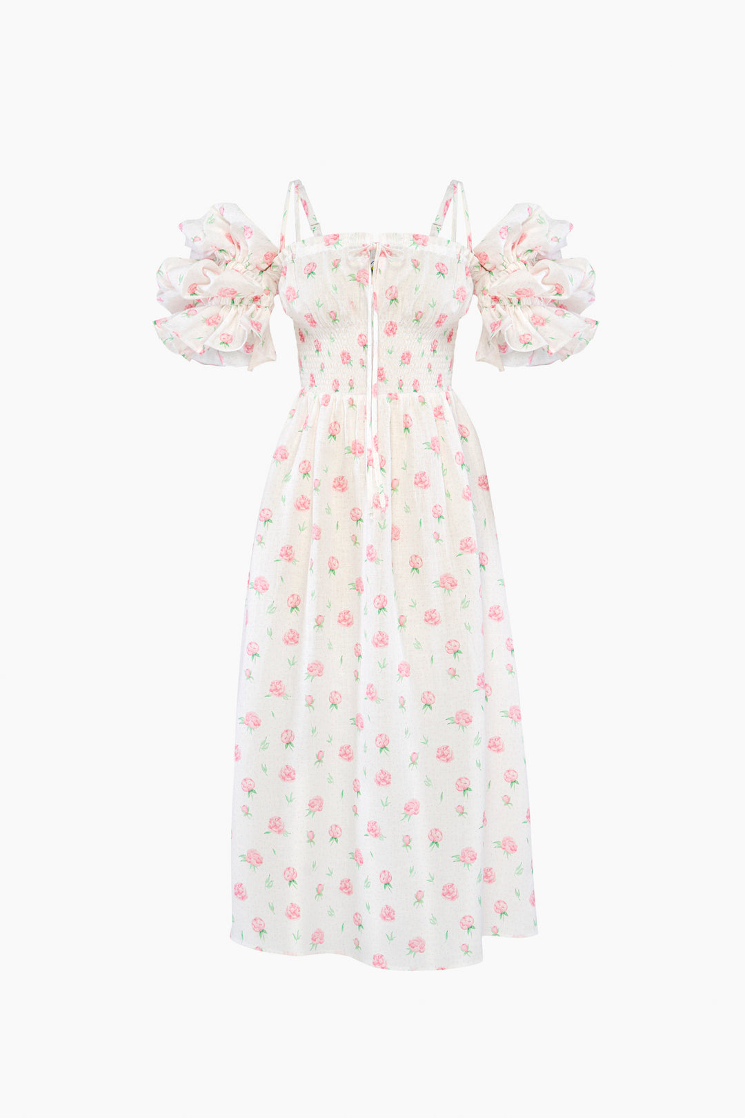 Arle Ruffled Linen Midi Dress in Roses