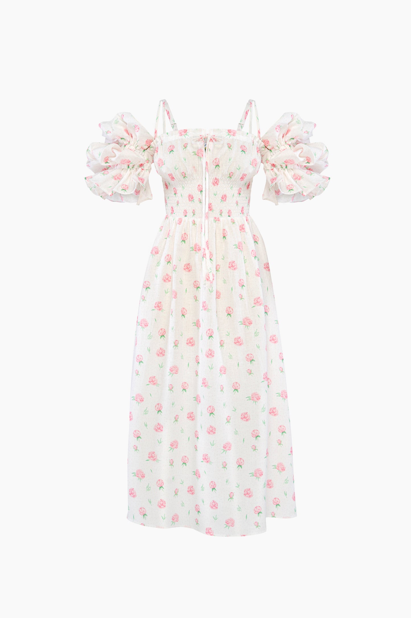 Arle Ruffled Linen Midi Dress in Roses