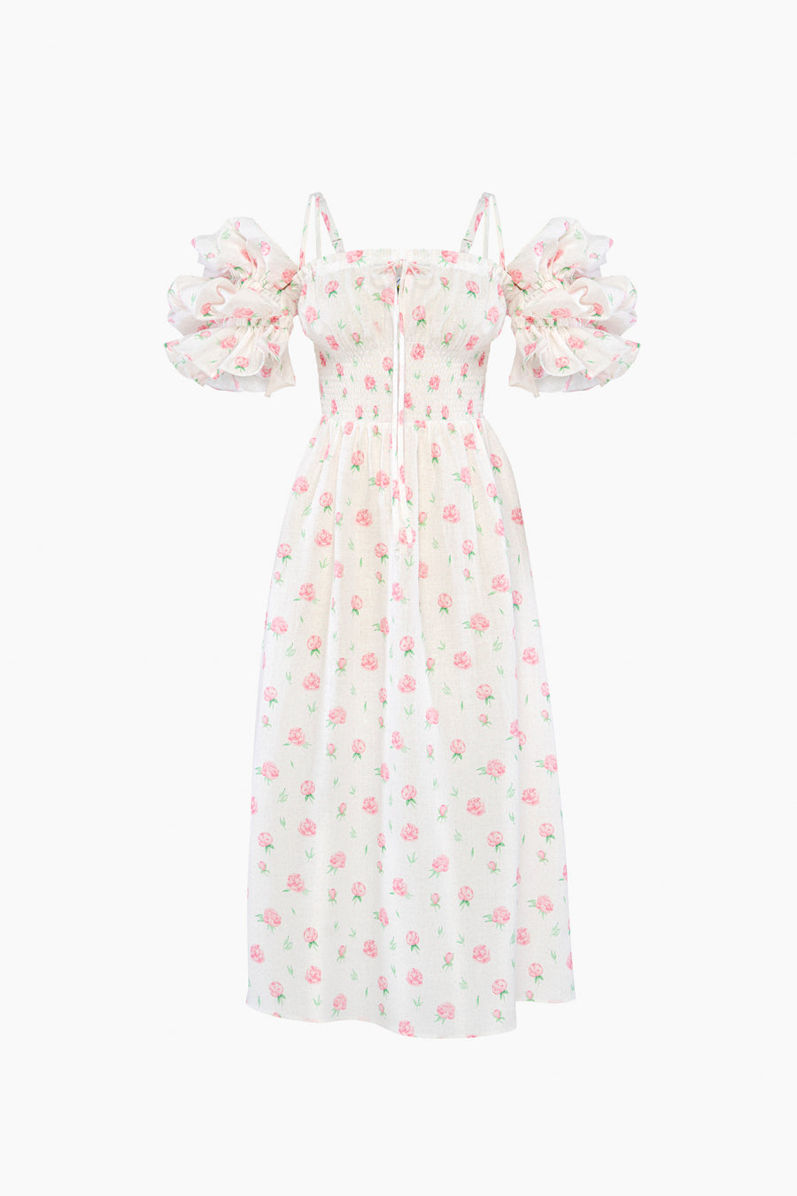 Arle Ruffled Linen Midi Dress in Roses