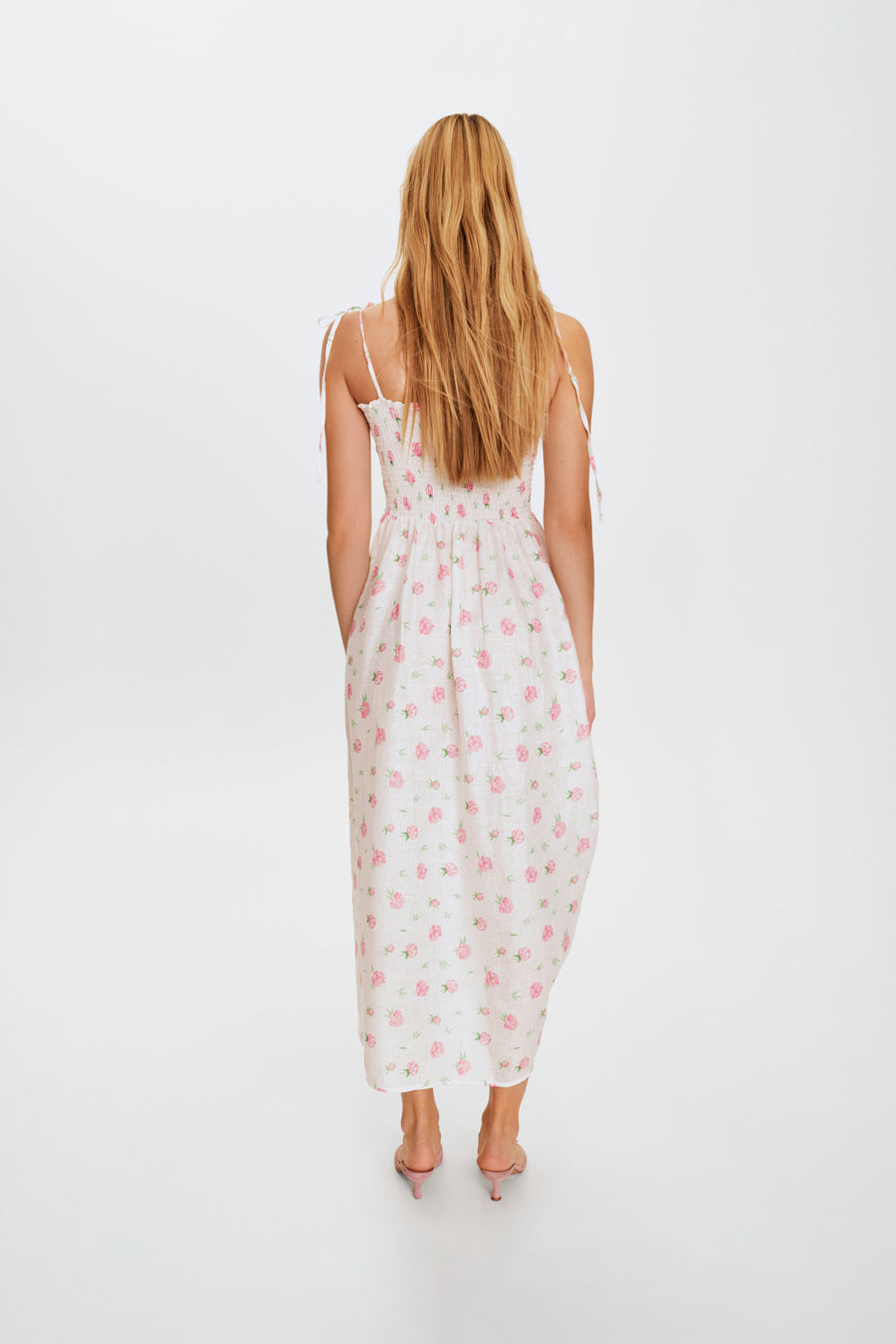Atlanta Linen Strap Dress with Rose Detail in Roses