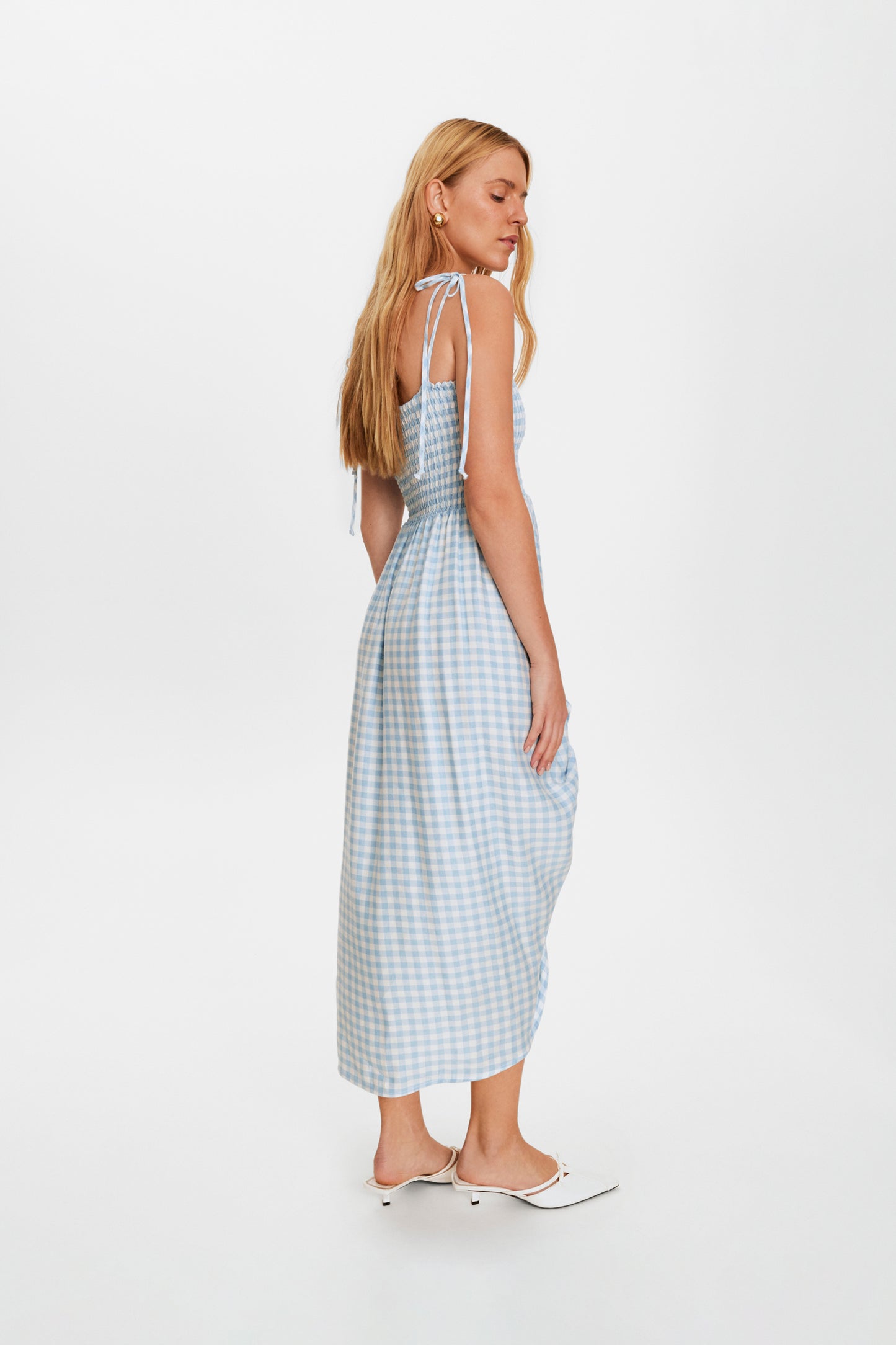 Atlanta Linen Strap Dress with Rose Detail in Blue Vichy