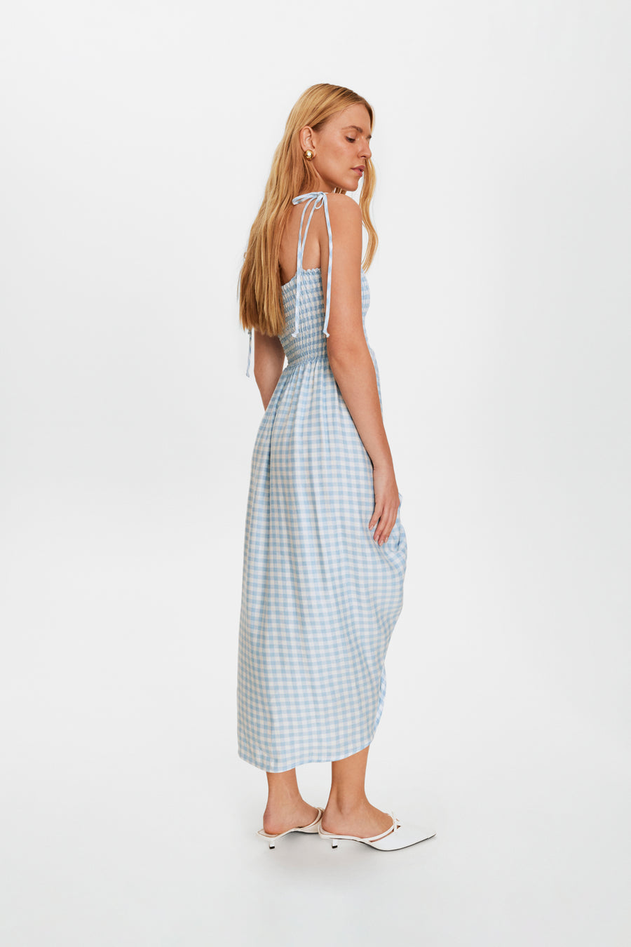 Atlanta Linen Strap Dress with Rose Detail in Blue Vichy