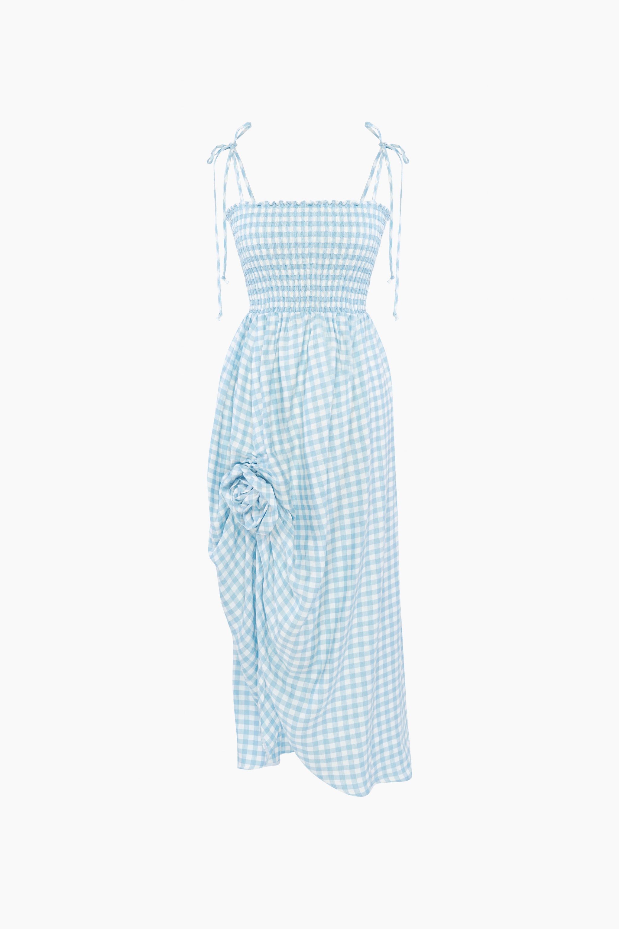 Atlanta Linen Strap Dress with Rose Detail in Blue Vichy