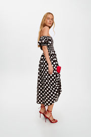 Belle Dress with Rose Detail in Black Polka Dot