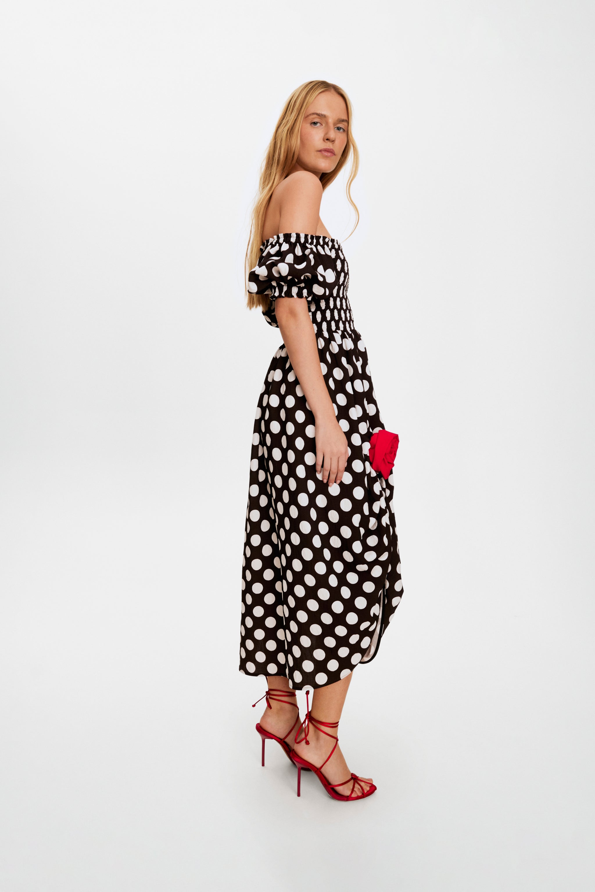 Belle Dress with Rose Detail in Black Polka Dot