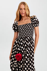 Belle Dress with Rose Detail in Black Polka Dot