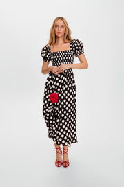 Belle Dress with Rose Detail in Black Polka Dot