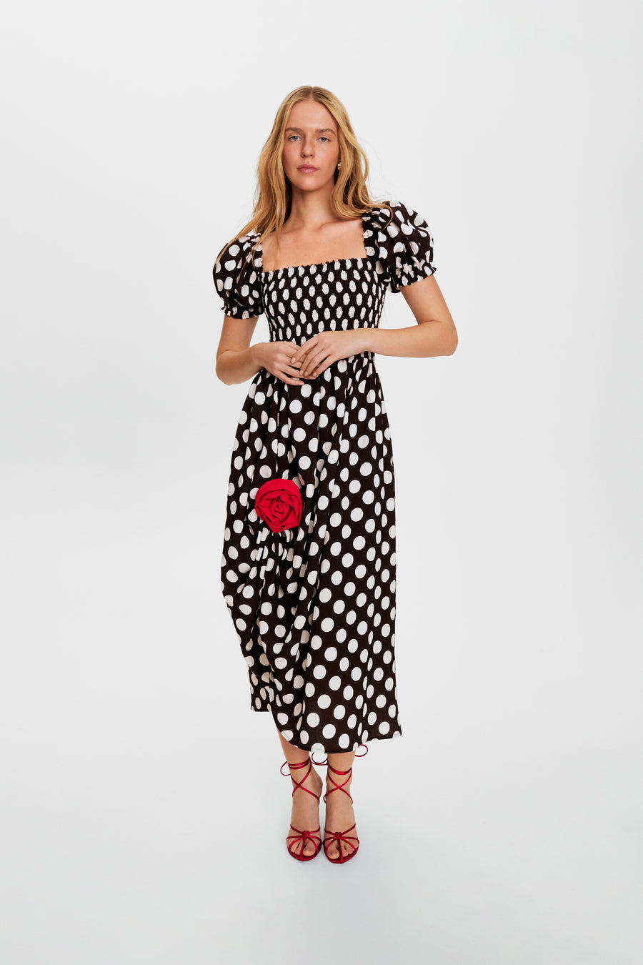 Belle Dress with Rose Detail in Black Polka Dot