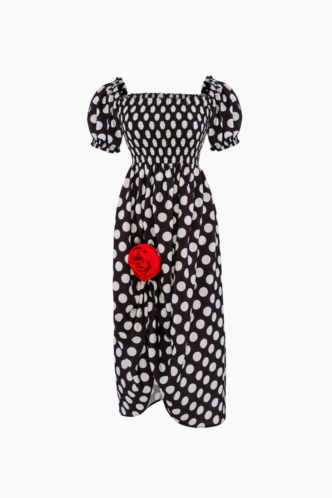 Belle Dress with Rose Detail in Black Polka Dot