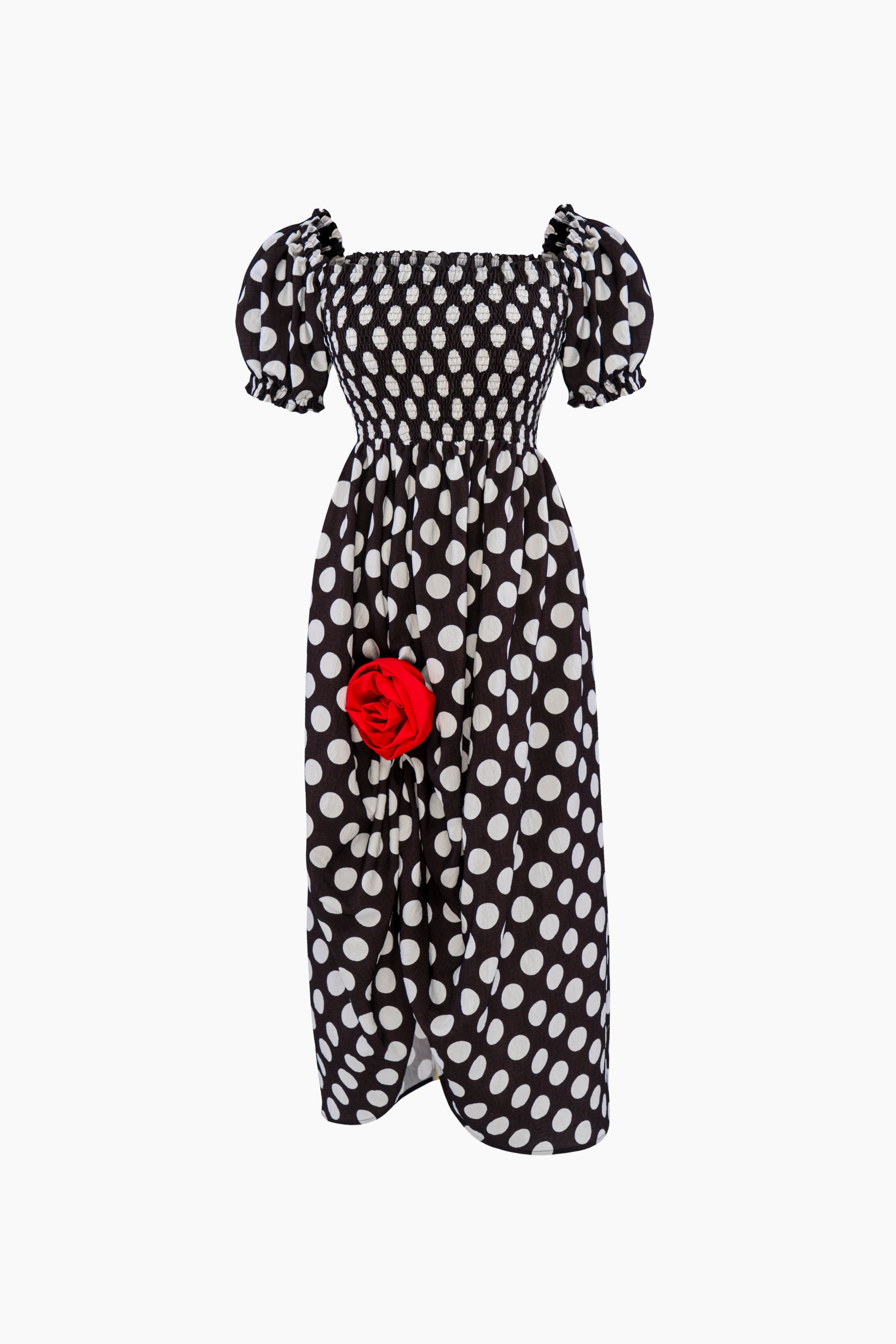 Belle Dress with Rose Detail in Black Polka Dot