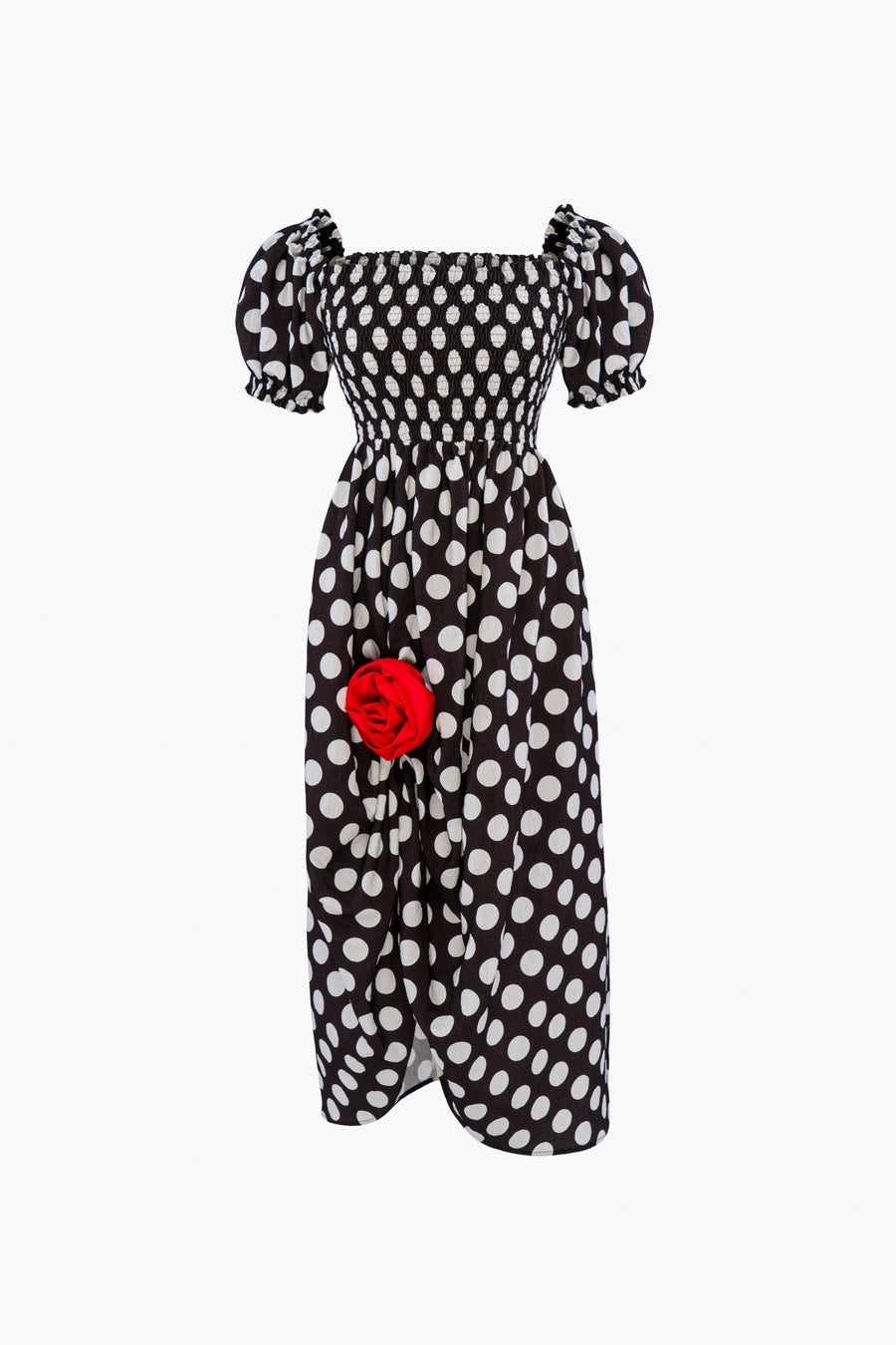 Belle Dress with Rose Detail in Black Polka Dot