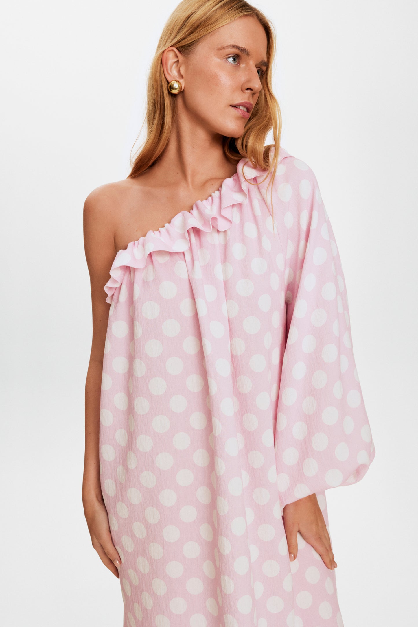 Gaia Soft Viscose Midi Dress in Pink Polka Dot