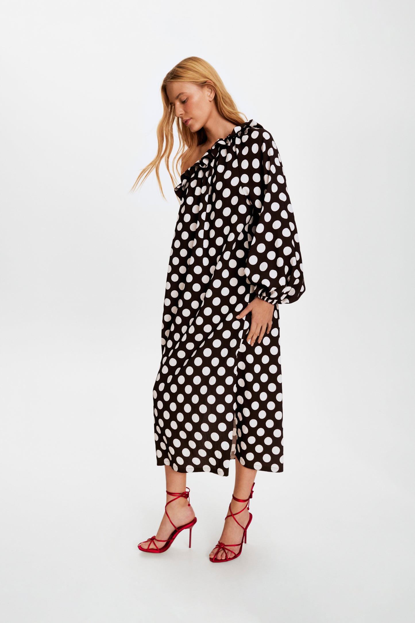 Gaia Soft Viscose Midi Dress in Black Polka Dot