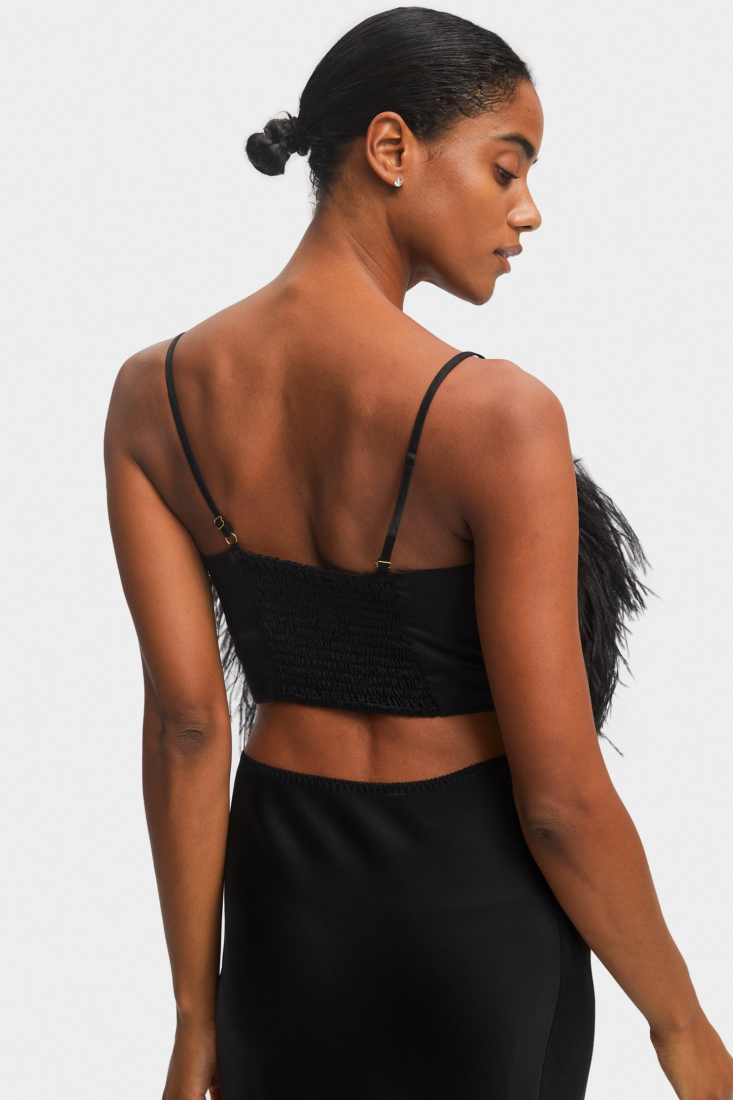 Boheme Feather Trimmed Ecovero™ Satin Top in Black