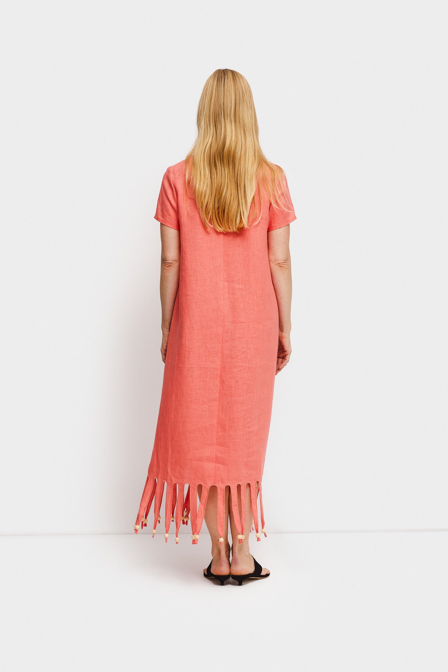 Lambada Fringed Linen Maxi Dress in Strawberry