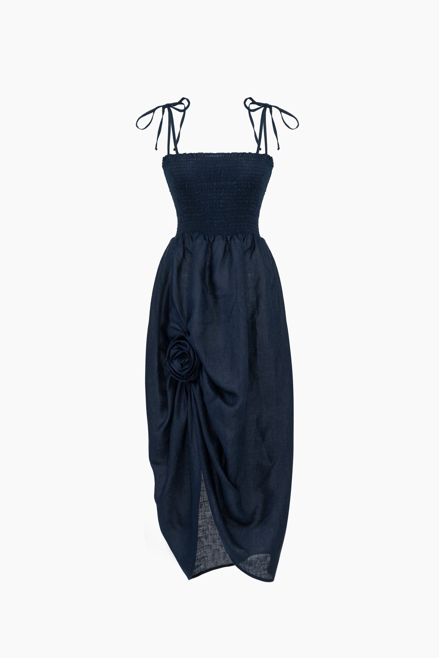 Atlanta Linen Strap Dress with Rose Detail in Navy