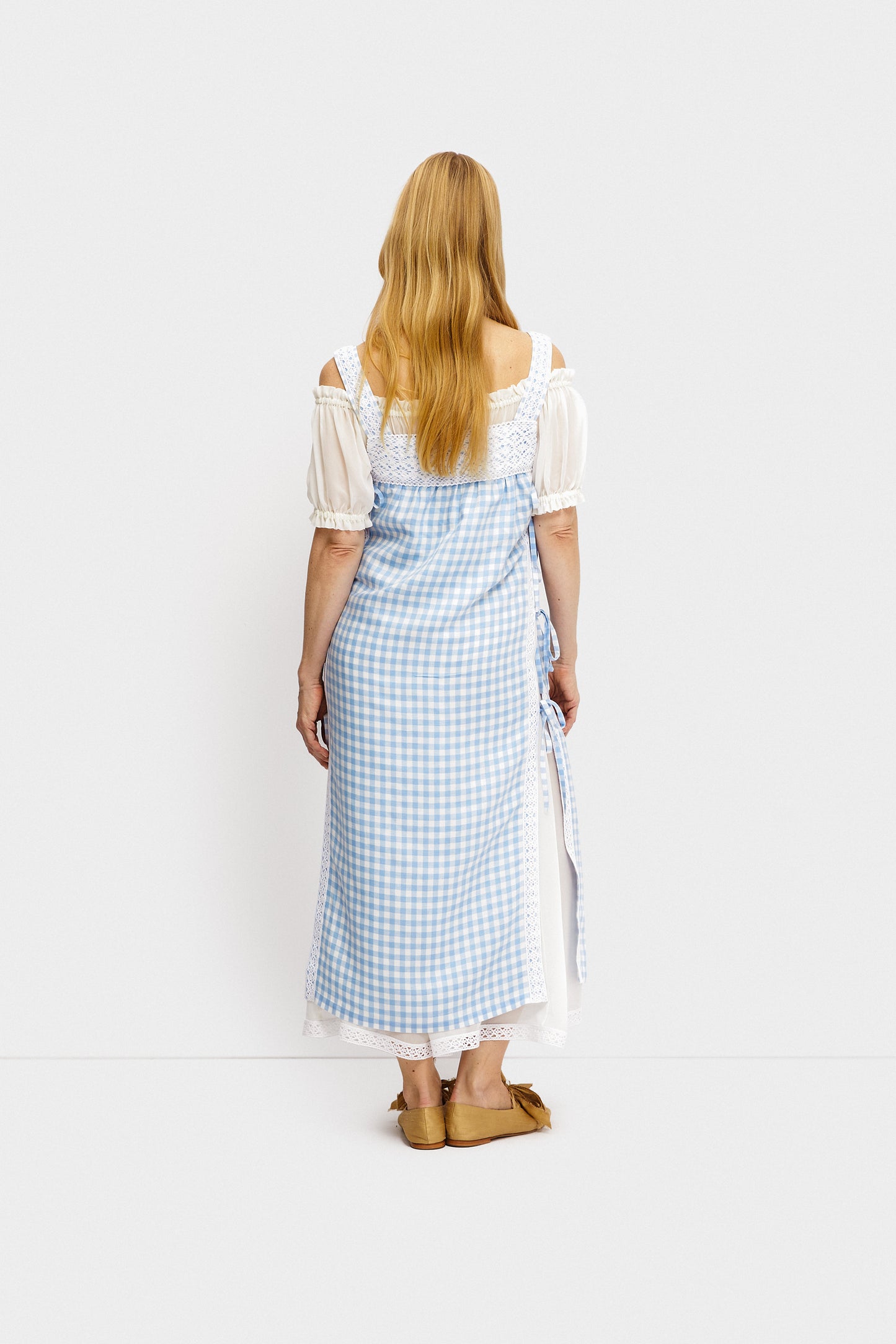 Greta Layered Linen Midi Dress in Blue Vichy