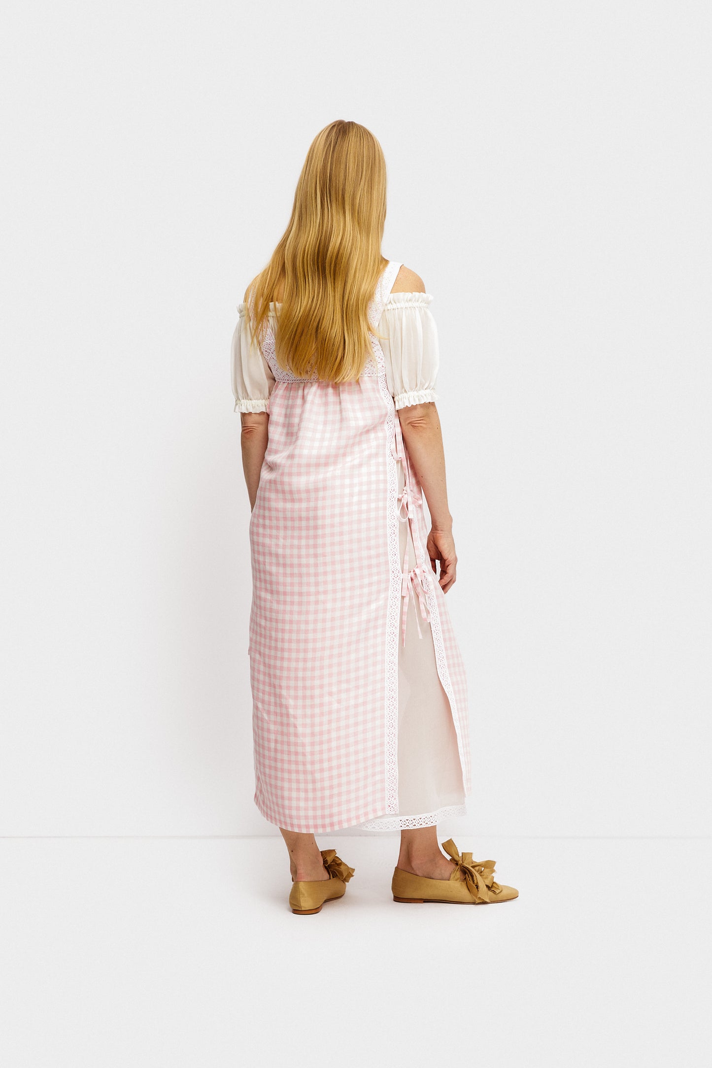 Greta Layered Linen Midi Dress in Pink Vichy