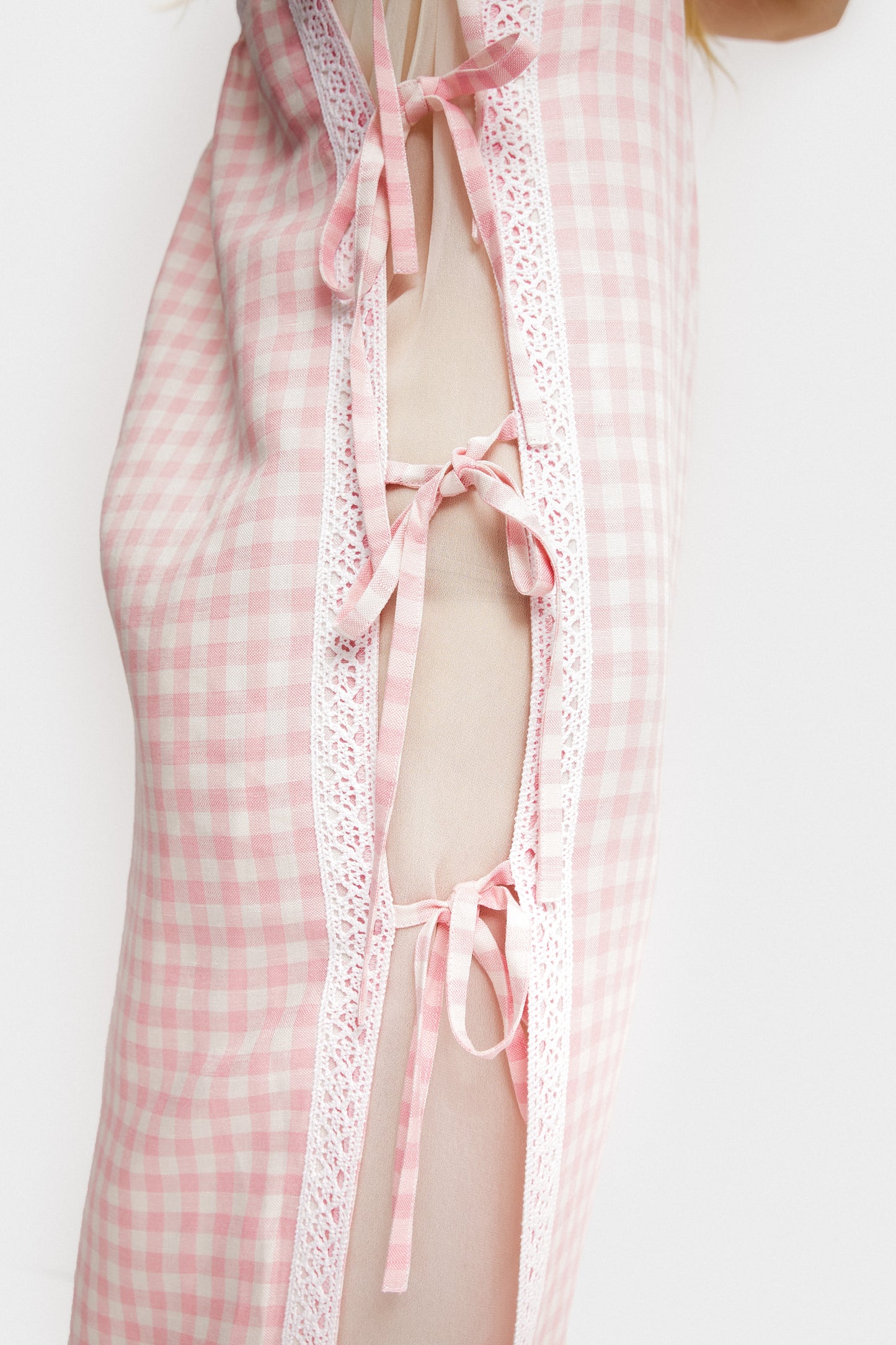 Greta Layered Linen Midi Dress in Pink Vichy