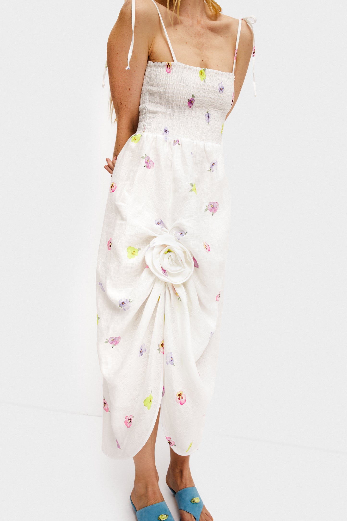 Atlanta Linen Strap Dress with Rose Detail in Pansies