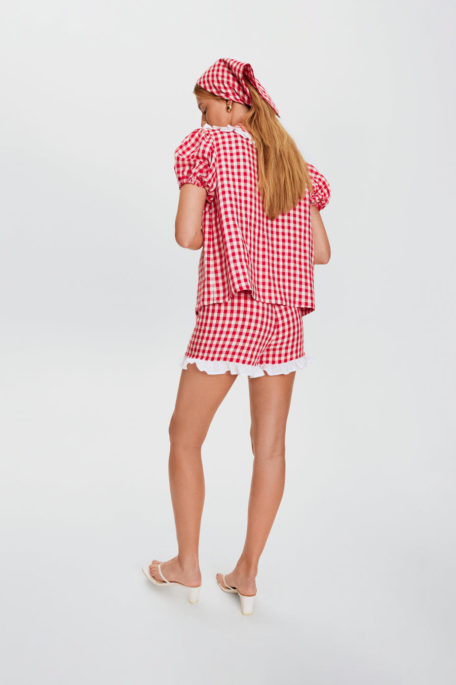Puff Linen Lounge Shorts with Headscarf in Red Vichy