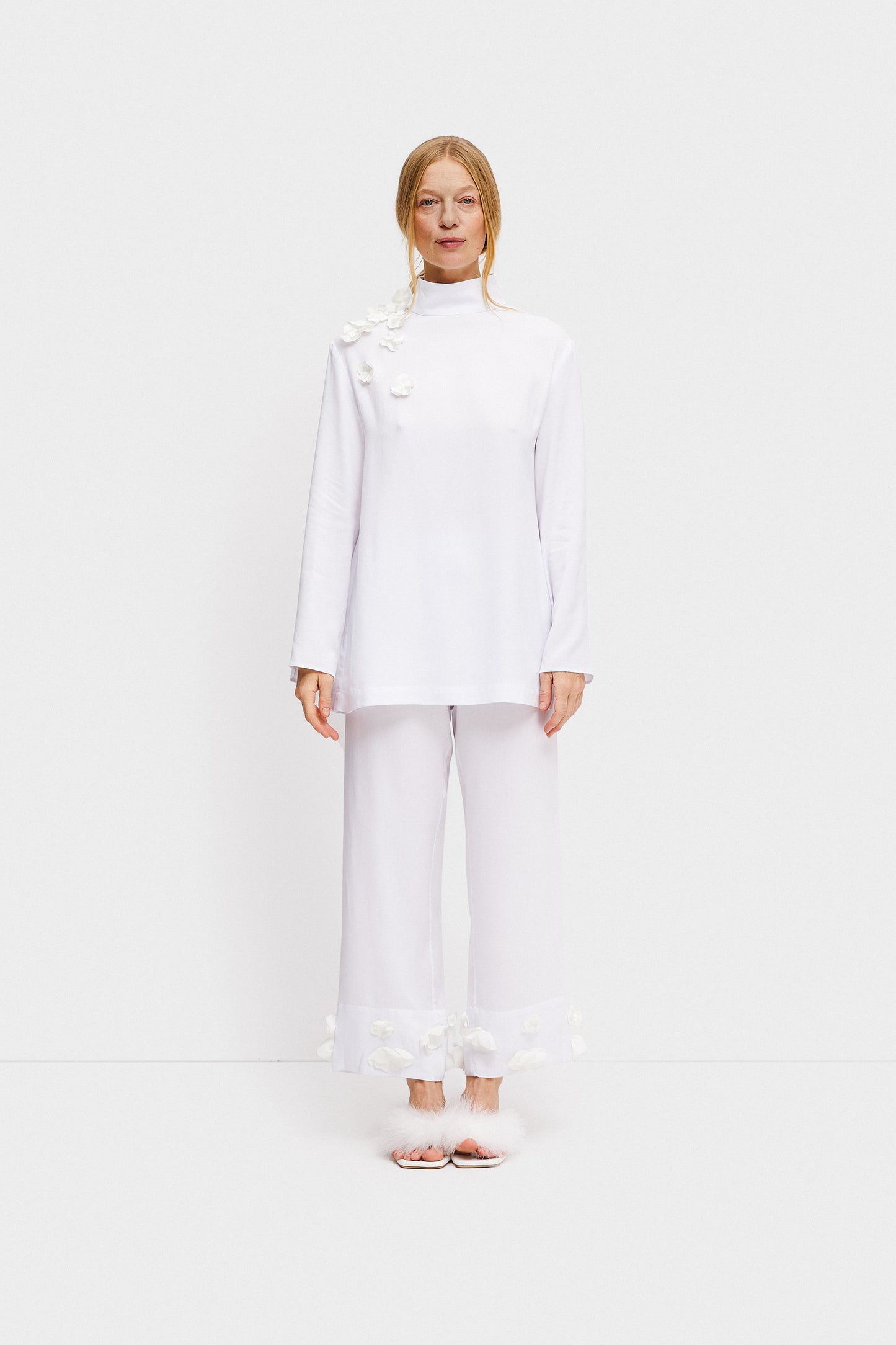 The Bloom Black Tie Pajamas Set with Pants in White