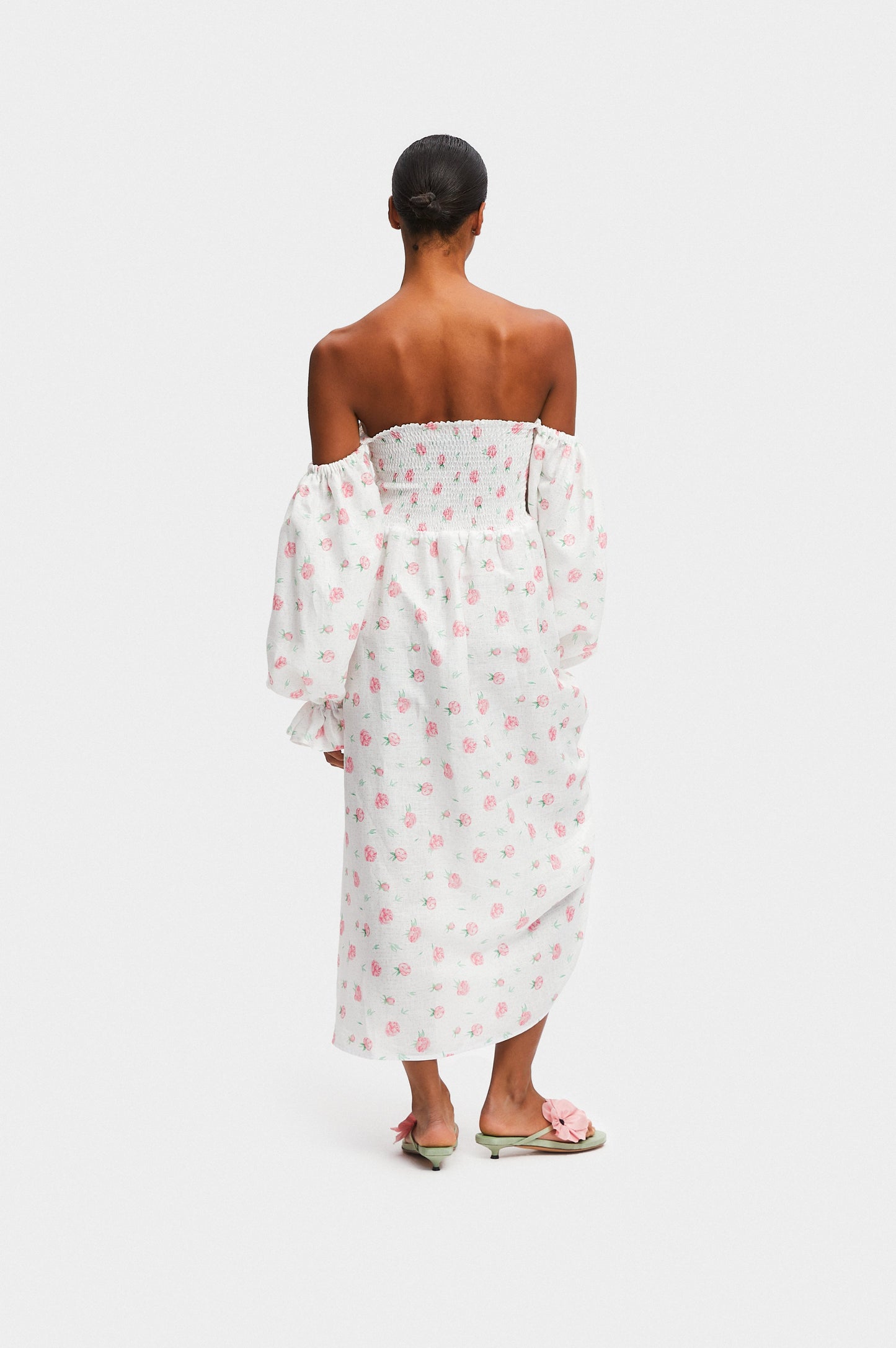Atlanta Linen Dress with Rose Detail in Roses