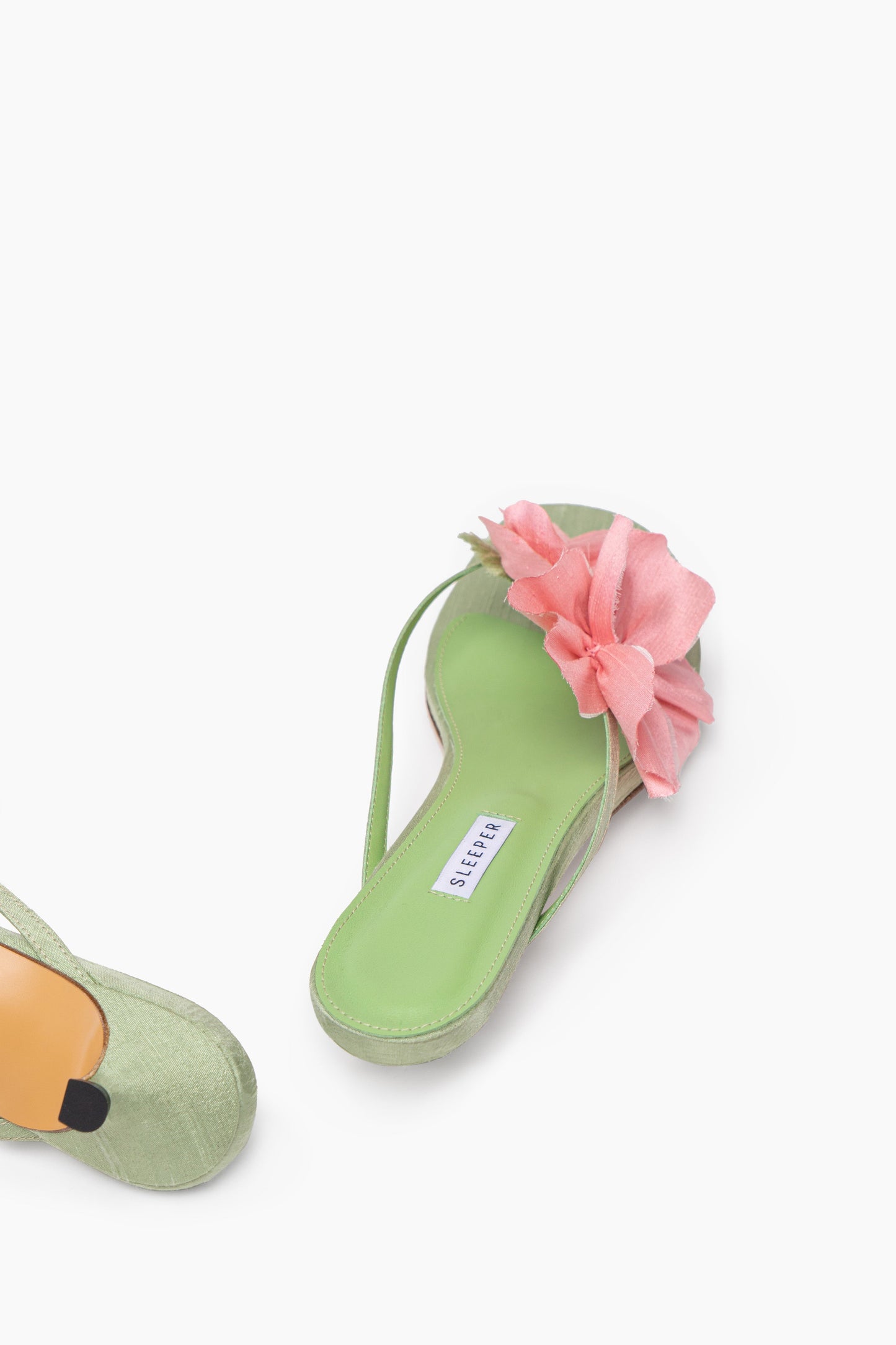Poppies Silk Kitten Heel Mules in Mint and Pink