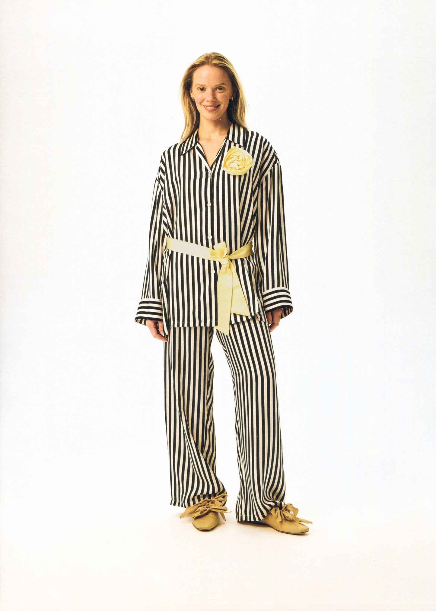 The Rose Oversized Pajama Set in Stripes with Yellow trim
