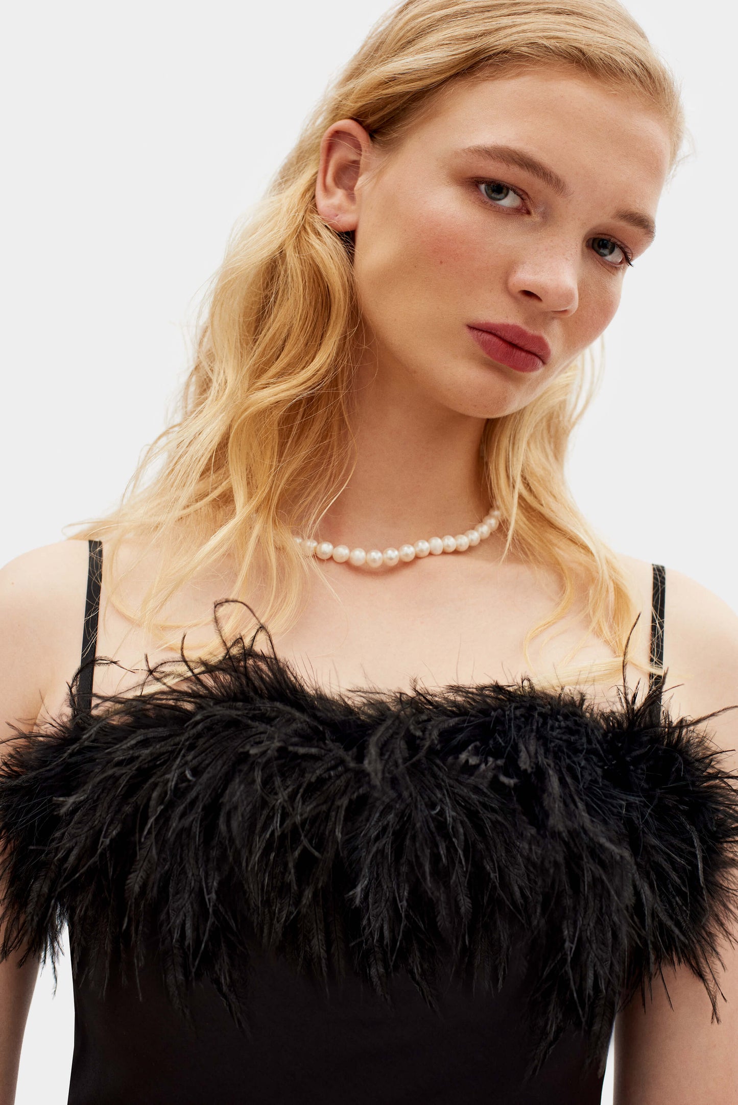 Boheme Slip Dress with Feathers in Black