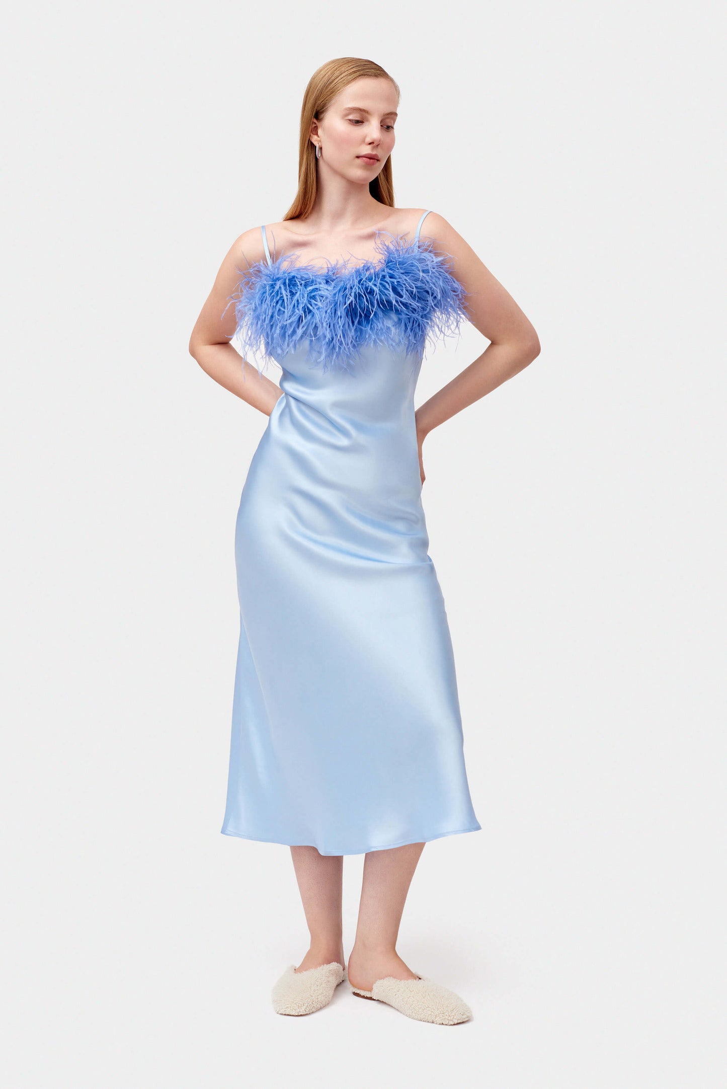 Boheme Slip Dress with Feathers in Blue