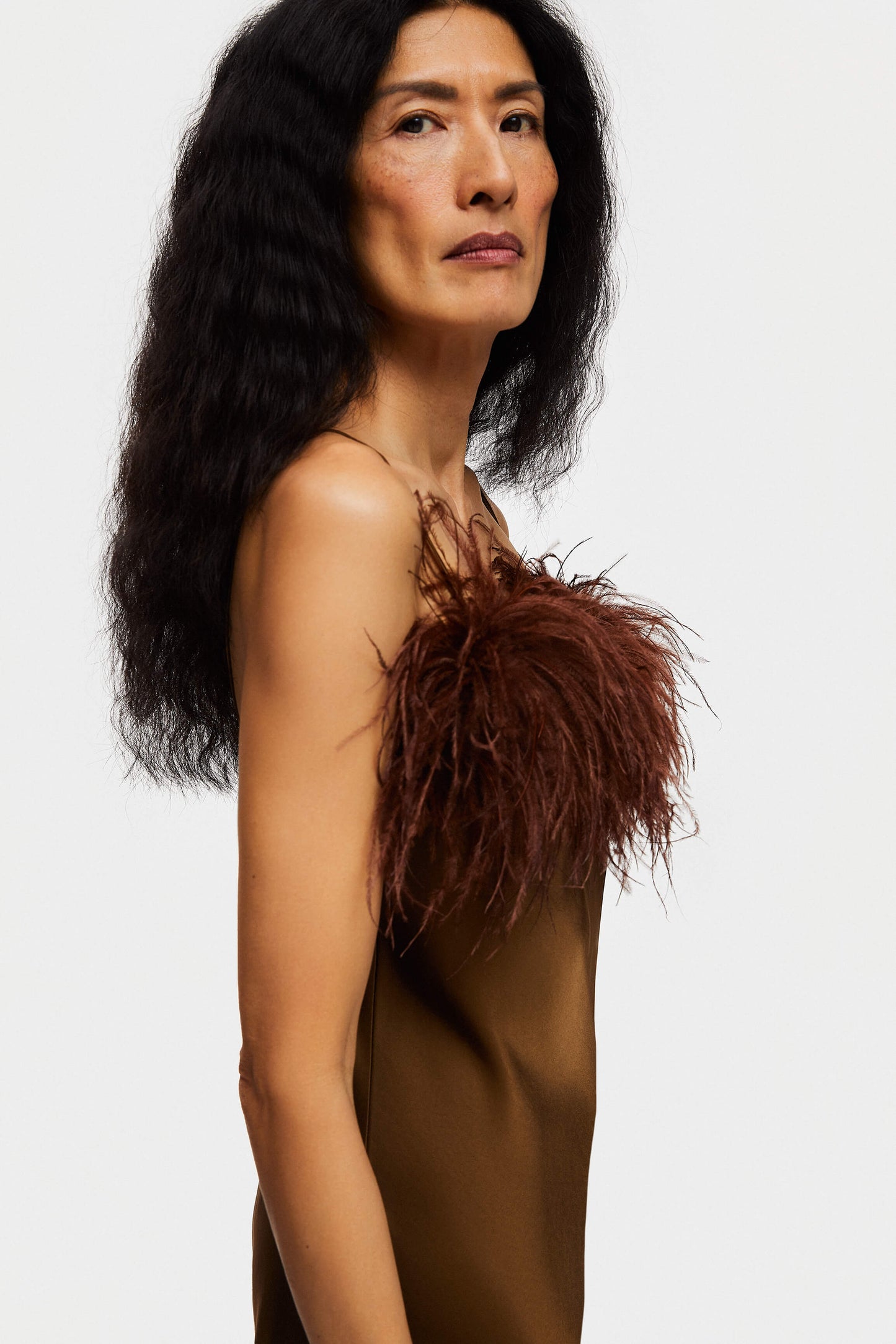 Boheme Mini Dress with Feathers in Whiskey Brown