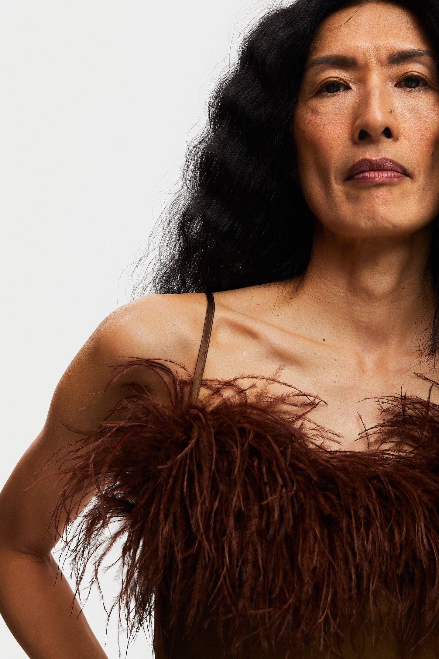 Boheme Mini Dress with Feathers in Whiskey Brown